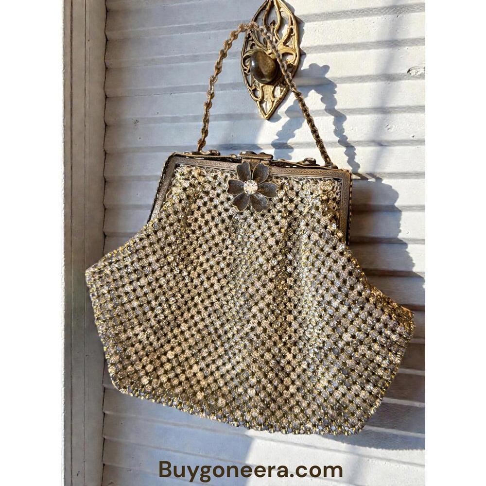 Vintage Mesh Purse With Rhinestones And Metal Flower Detailing. Fully Lined